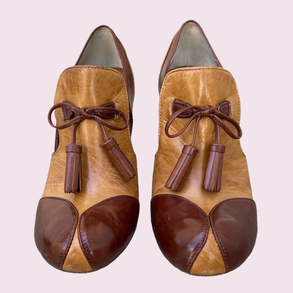 Max Studio Two-Tone Brown Leather Heels - Picture 3 of 14